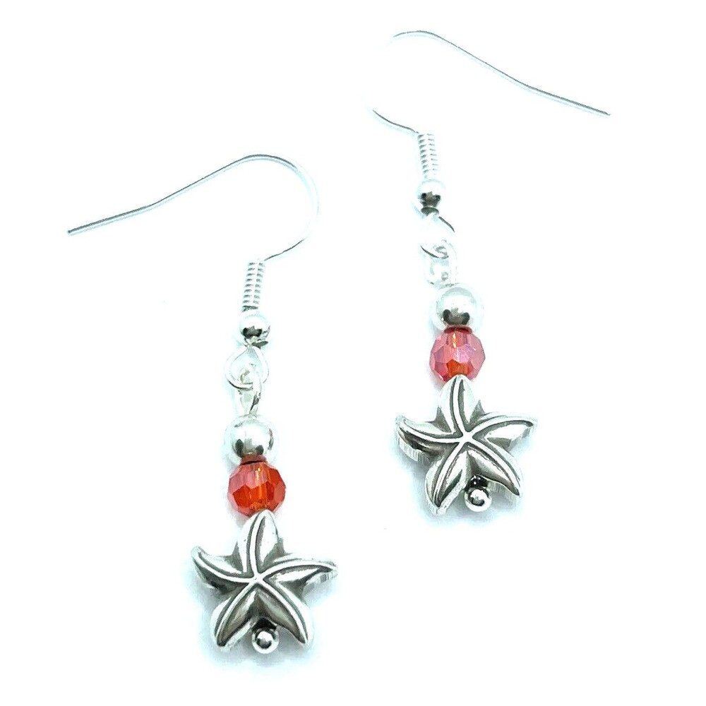 Brighton Seascape Starfish Shell Ocean Life Bright Red Beads Custom Earrings